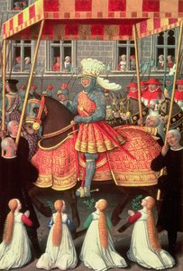 Ludvig XII (1462-1515) går inn i Genova under en baldakin, etterfulgt av fire kardinaler, fra 